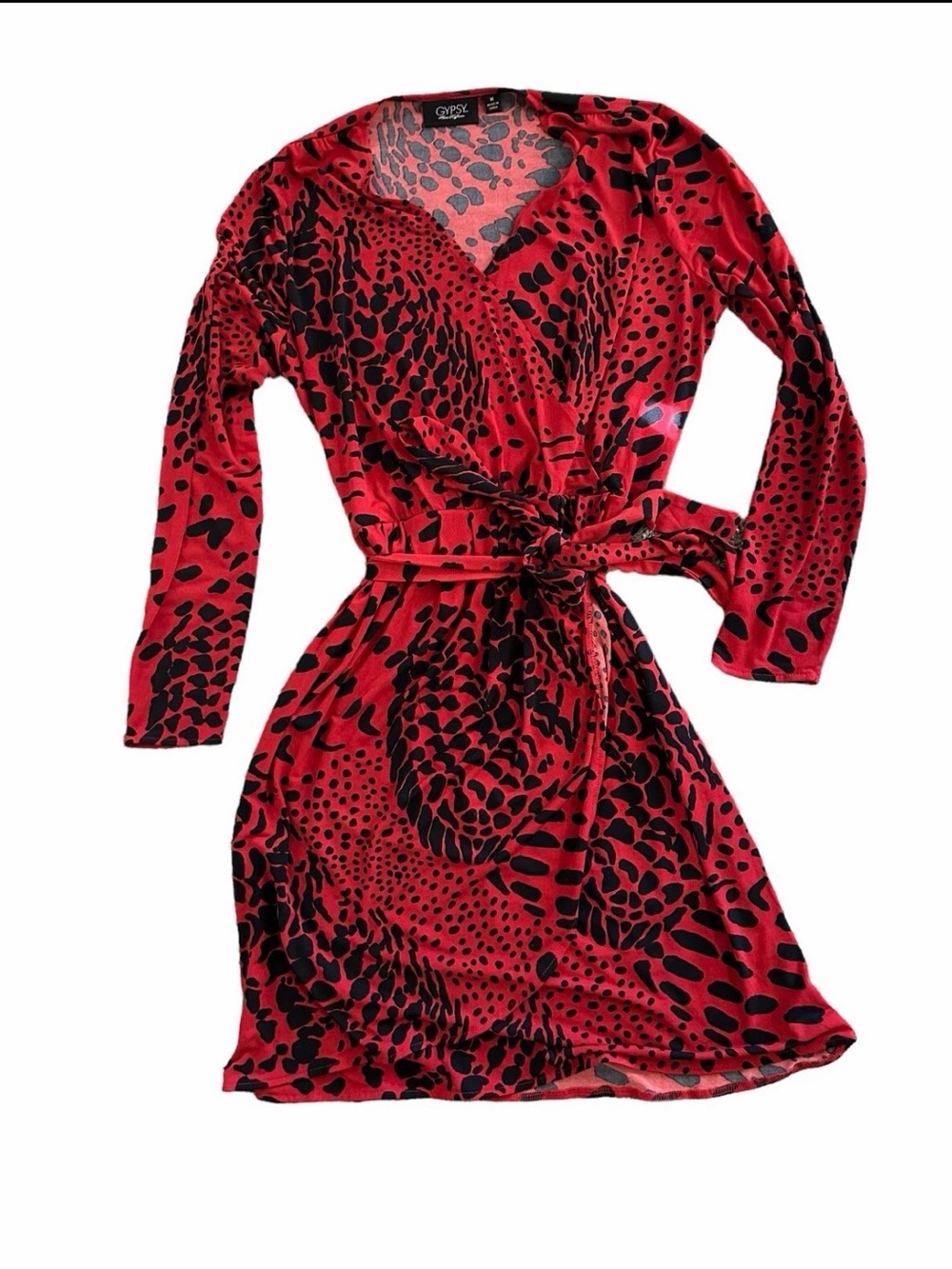Gypsy Mara Hoffman Dress Leopard Mock Wrap Dress Red Black Size Medium